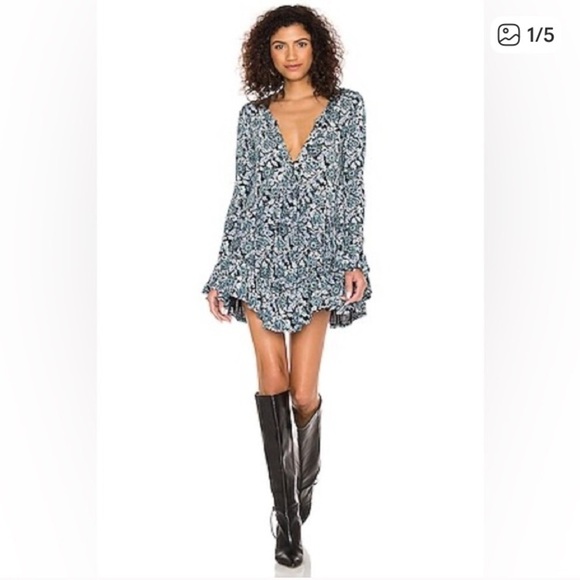 Free People Dresses & Skirts - Free People NWT “Olivia” blue and green floral  print swingy tunic mini dress. M